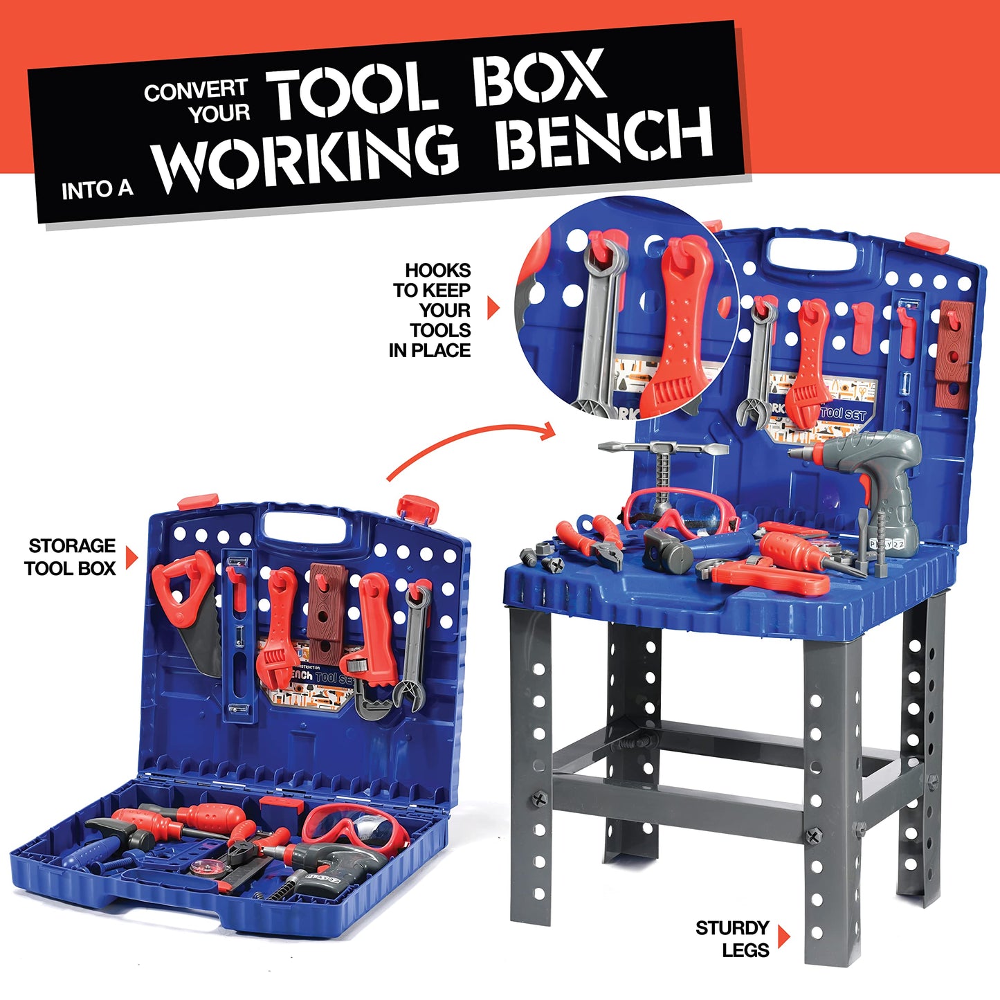 Play22 Kids Tool Set Bench 76 Pc - Toddler Tool Bench Set with Electronic Play Drill - Stem Educational Toy Pretend Play Constru