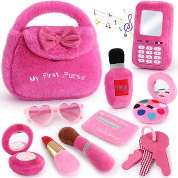 Golray Plush Toddler Purse Baby Girl Pretend Play Toy - 10 Pcs My First Purse With Soft Sensory Toy Smartphone/Crinkle Makeup Be