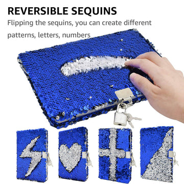 Vipbuy Magic Reversible Sequin Notebook Diary Lined Travel Journal With Lock And Key For Kids Girls, Size A5 (8.5” X 5.5”), 78 Sheets (Blue To Silver)
