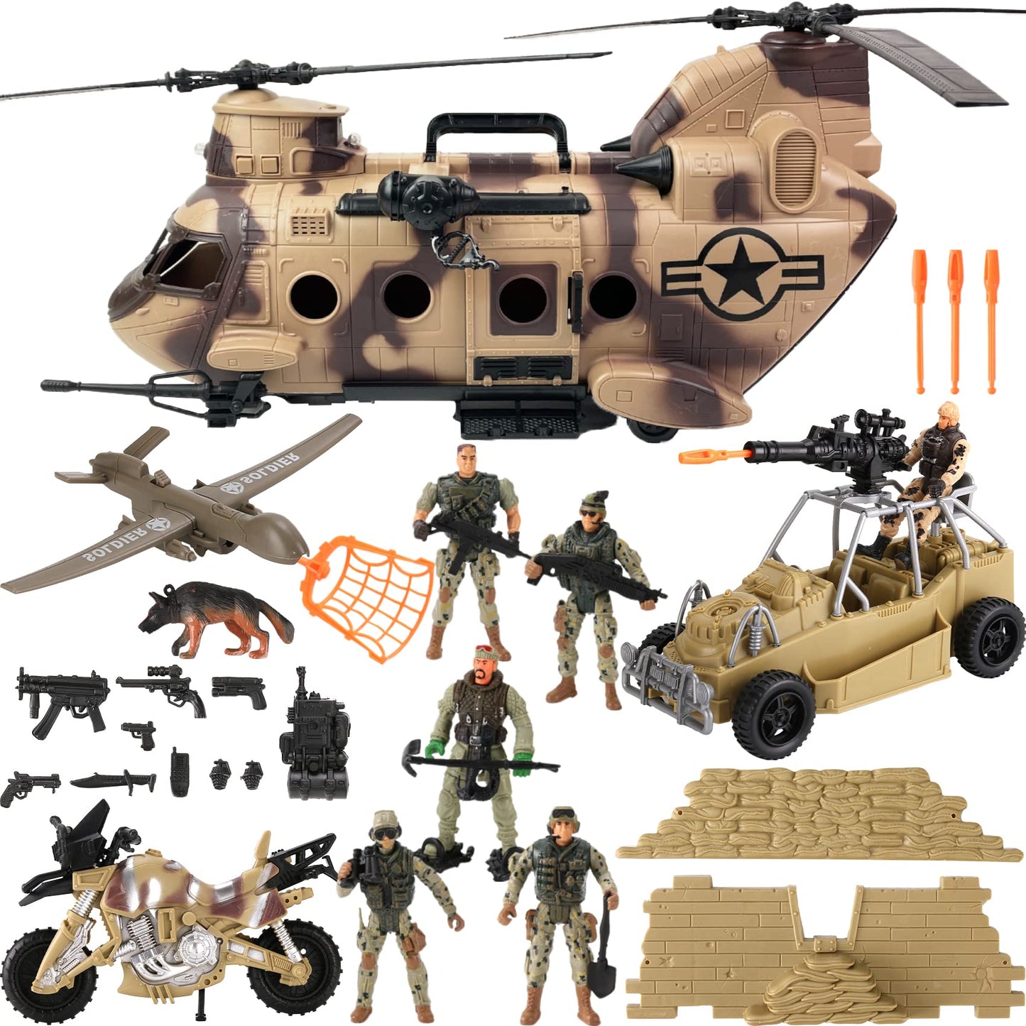 26 PCS Army Men Helicopter Carrier Toys  Military Soldier Action Figures  Combat Truck  Motorcycle  Jumbo Transport Aircraft with Lights & Sound   Accessories Playset for Kids Boys