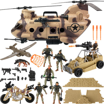 26 PCS Army Men Helicopter Carrier Toys  Military Soldier Action Figures  Combat Truck  Motorcycle  Jumbo Transport Aircraft with Lights & Sound   Accessories Playset for Kids Boys