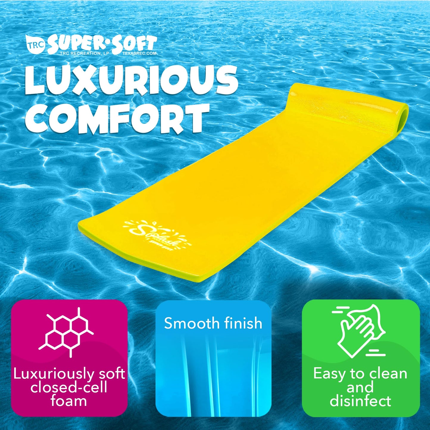 TRC Recreation Splash 1.25 Inch Thick Foam Outdoor Swimming Pool Float Mat Large mature-themed Lounger with Built-in Roll Pillow  Yellow