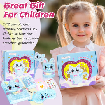 Cat Gifts For Girls, Kids Cat Plush Toys With Secret Diary, Ballpoint Pen, Eye Mask, Pen Holder, Stickers, Birthday Gifts For Little Girls Age 5 6 7 8 9 10-12 Years Old
