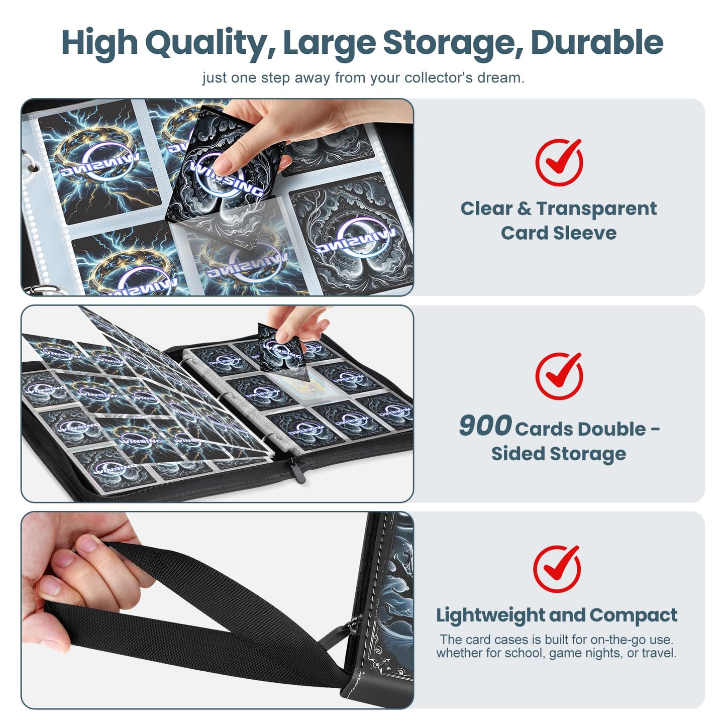 Winsing Card Binders 9 Pocket with 900 Pockets enhanced Zipper Case with 50 Removable Pages  Trading Folder Album Sleeves Holder Sheets for Game and Sports Cards Gifts for Boys and Girls Grey