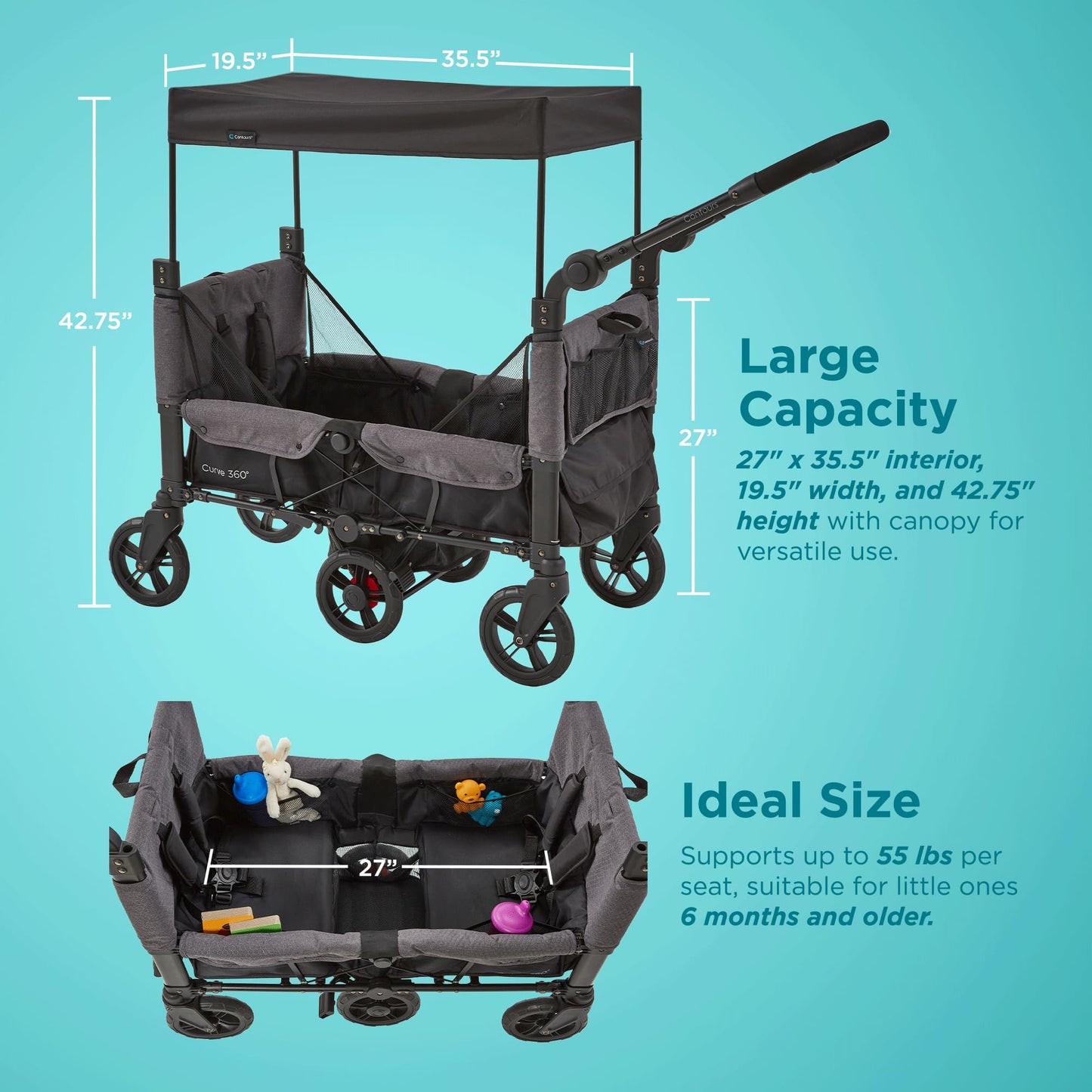 Contours Curve 360 Lightweight Double Baby Stroller Wagon for 2 Kids, Fits Infant Car Seats, Ultra Maneuverable, Easy in and Out