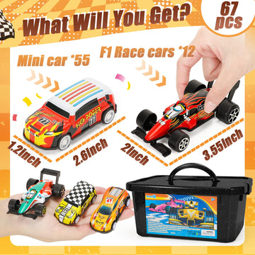 SevenQ Party Favors Toy Cars for Boys with Storage Box, 67Pcs Pull Back Cars F1 Race Cars Bulk, Treasure Box Toys for Classroom