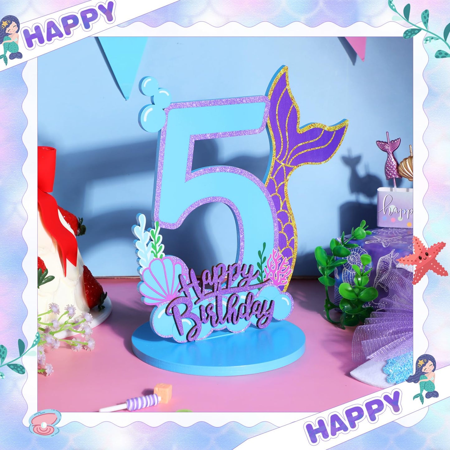 Mermaid Birthday Number Sign Centerpiece for Girls Wooden Mermaid Party Number Table Sign Decoration Supplies for Birthday Anniv