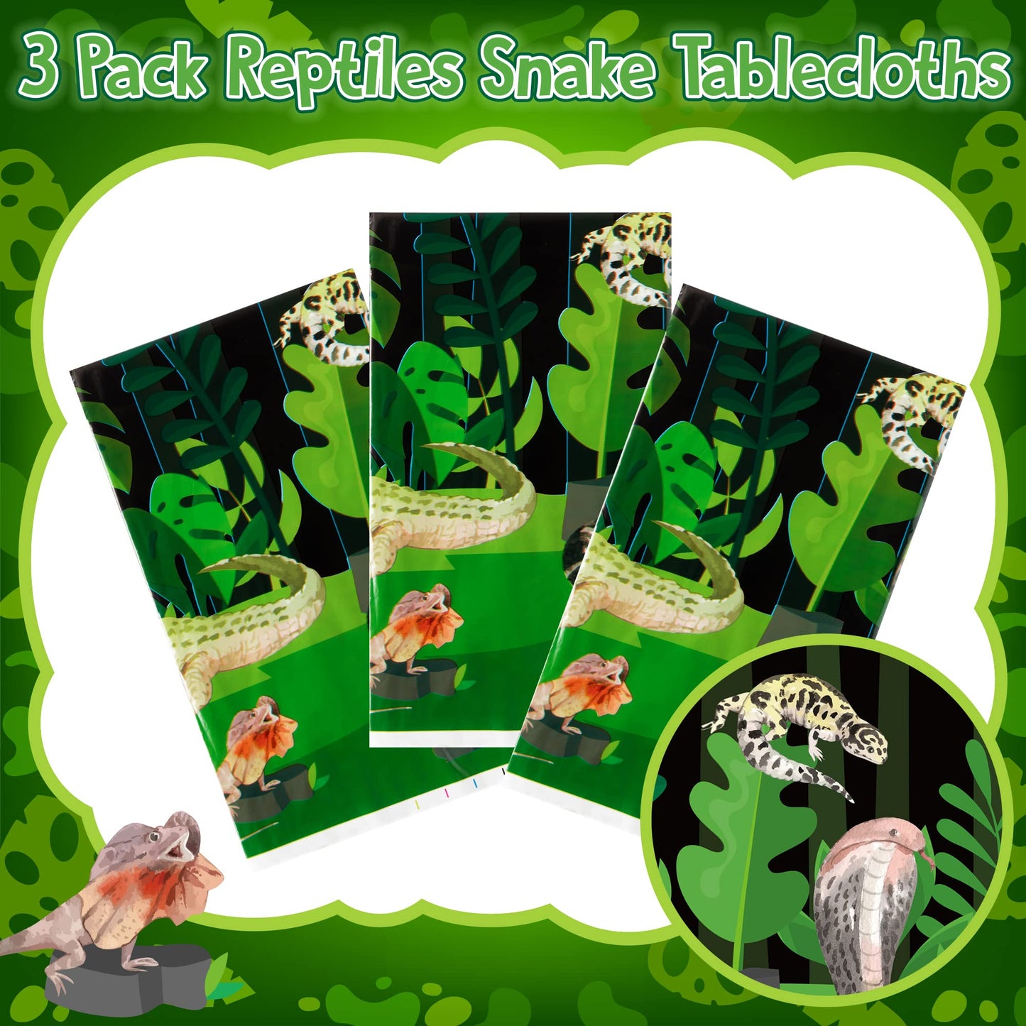BkeeCten 3Pack Reptile Swamp Party Tablecloth Disposable Wildlife Lizard Snake Rectangle Tablecover Alligator Turtle Jungle Anim