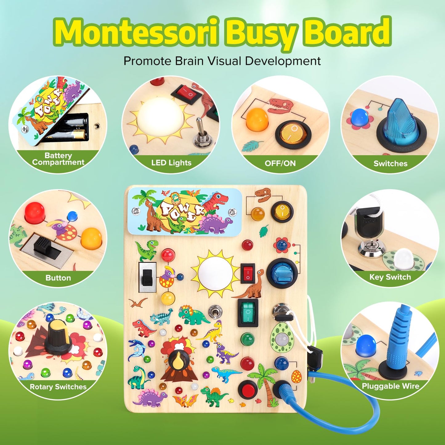 Wakeinsa Toddler Busy Board,Montessori Toys For 1-3 Years Old,Baby Sensory Board,Wooden Learning Toys,Christmas & Birthday Gift For Boys & Girls (Dinosaur Busy Board V2)