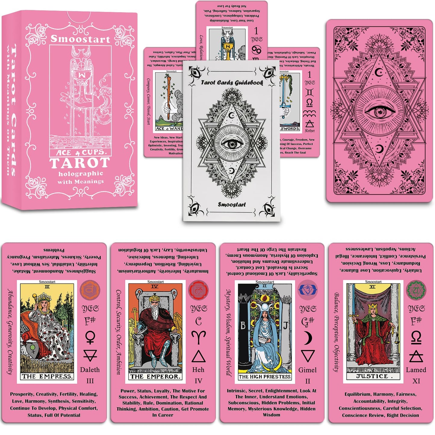 Smoostart Pink Tarot Cards For Beginners With Meanings On Them, Surface Laser Cards Holographic Tarot With Guide Book, Tarot Cards Deck With Keywords