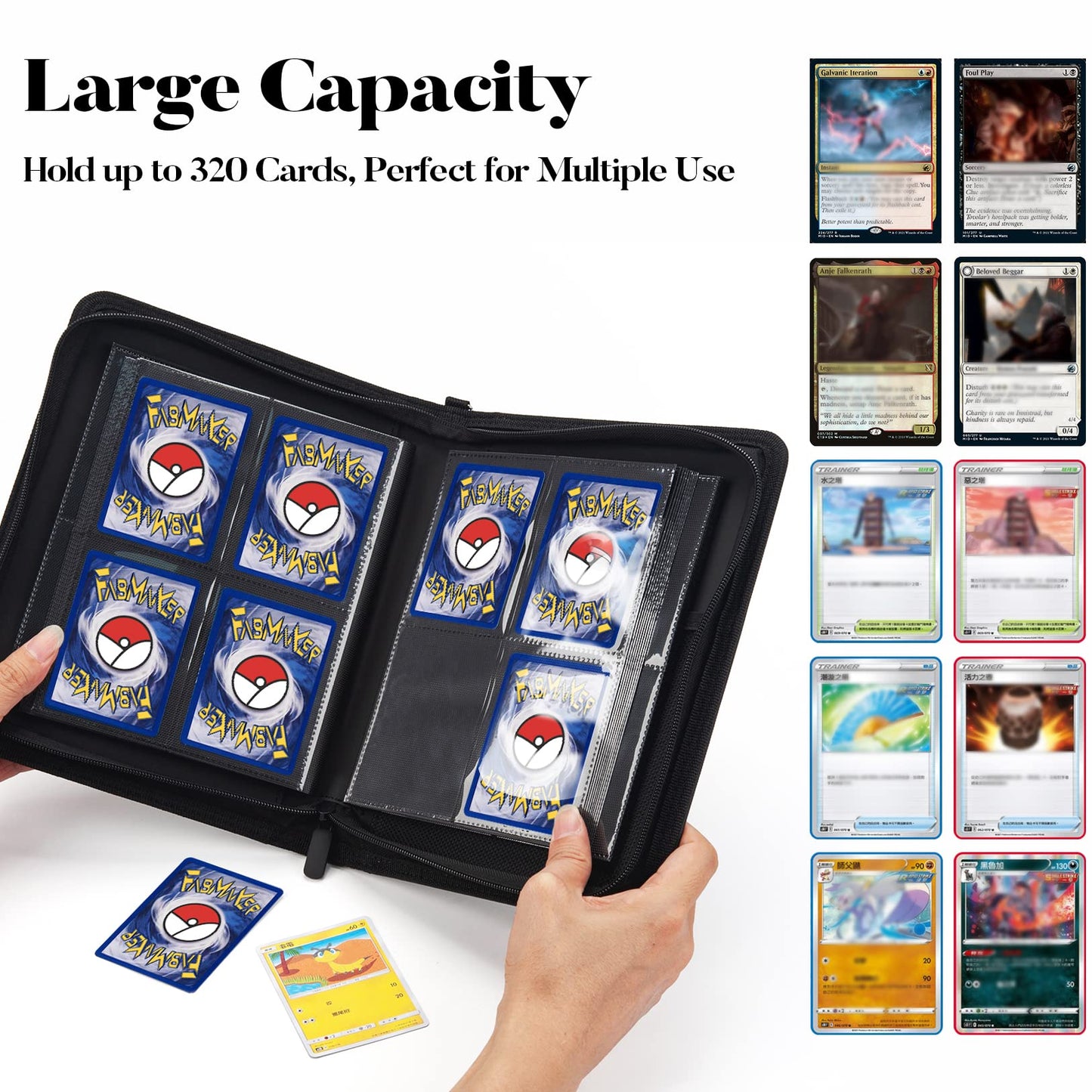 Fabmaker enhanced 4 Pocket Zip Card Binder  Trading Card Binder for 320 Cards  Portable PU Card Collection Binder  Collector Card Album Folder for MTG  TCG  Sports Cards  Game Cards (Black)