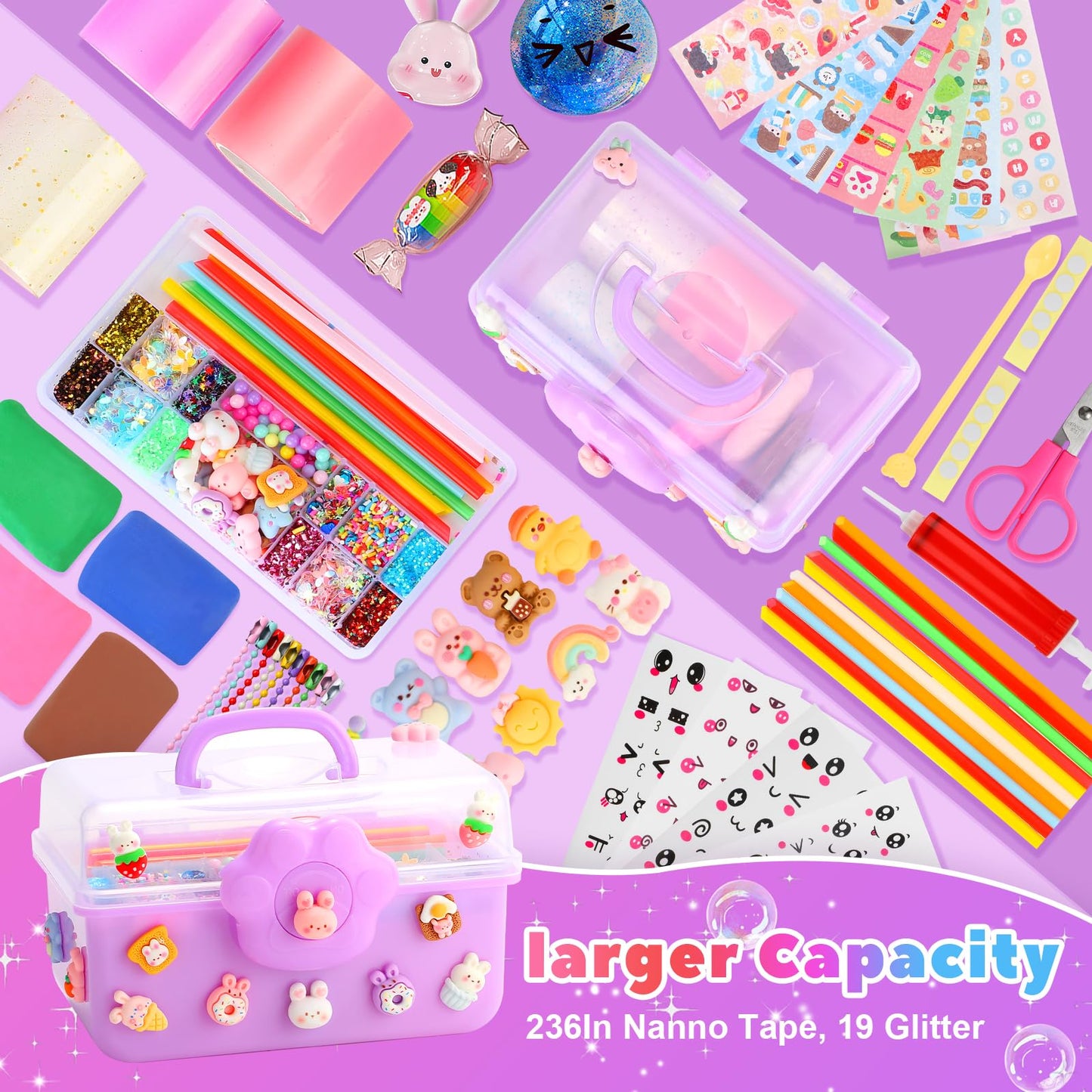 Lokuc Nano Tape Bubble Kit For Kids, 19.7Ft Nano Tape With Box, Nano Tape Squishy Maker Kit With Glitter, Clay, Beads, Stickers
