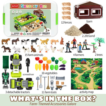 Aprilwolf 69 Pcs Farm Sensory Bin Toys Playset, Sandboxes With Sand, Farmer Tractor & Farm Animals Figures Toys For Kids 3 4 5,