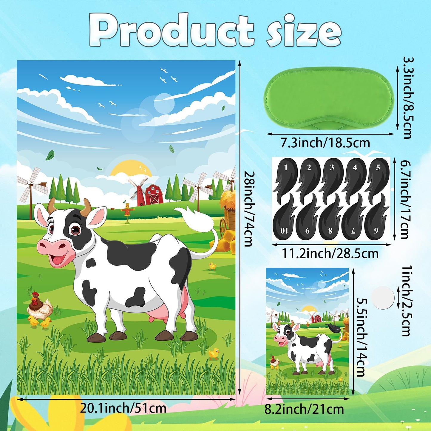 Eaezerav Pin The Tail On The Cow Game With 50 Pcs Tails Large Cow Games Poster For Kids Farm Birthday Party Supplies