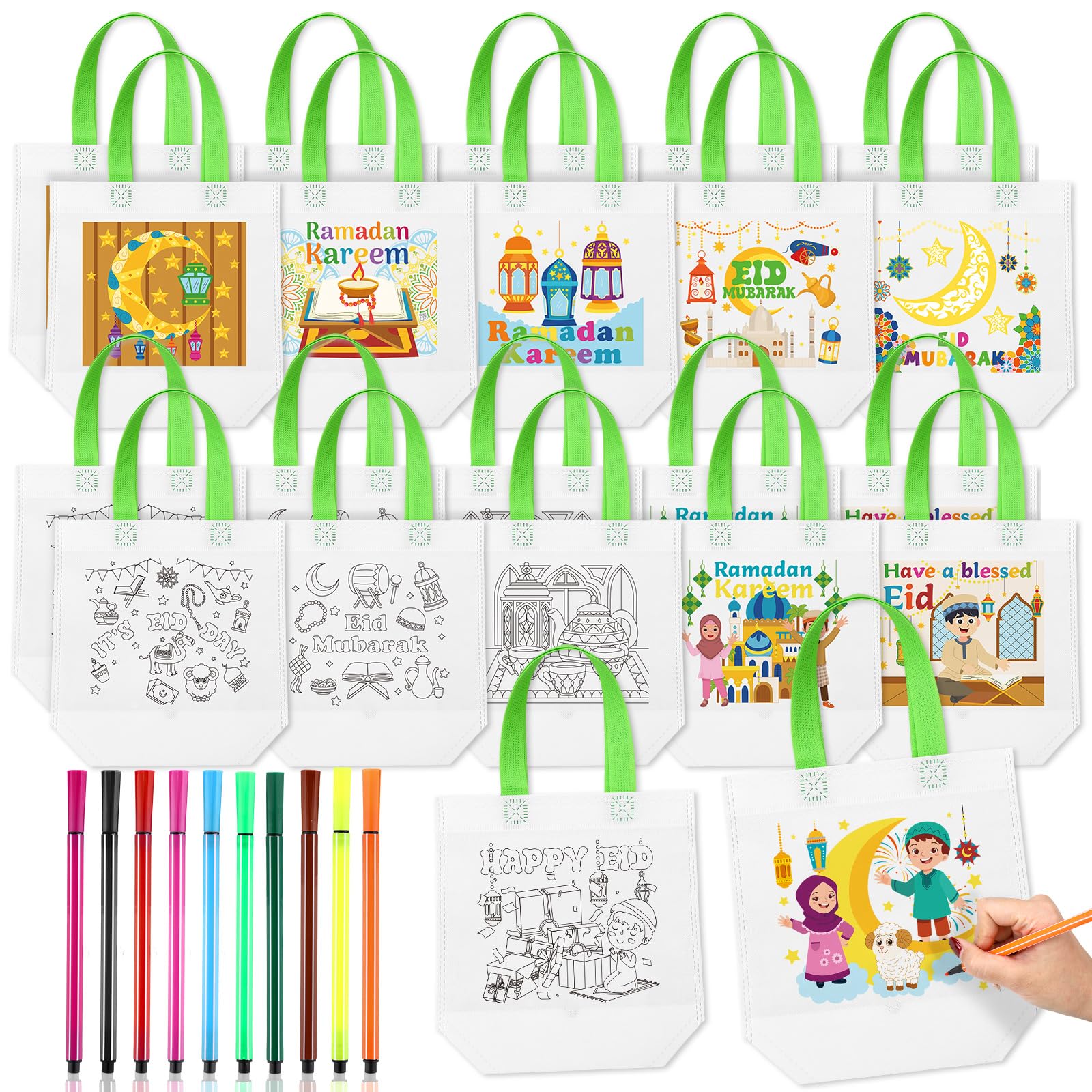Bulyoou 60 Pack Ramadan Coloring Goodie Bags for Kids Bulk with Coloring Pens Reusable Eid Mubarak Gift Bags Ramadan Crafts for 