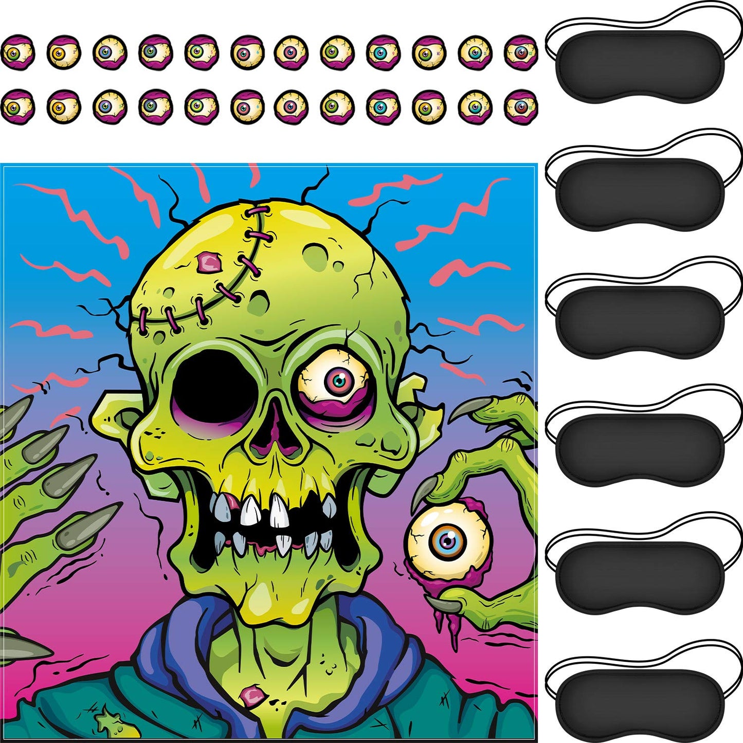 Outus Pin The Eyeball On The Zombie Halloween Party Game, Zombie Game Poster With 24 Pieces Zombie Eyeballs Stickers And 6 Pieces Black Eye Mask