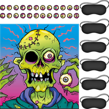 Outus Pin The Eyeball On The Zombie Halloween Party Game, Zombie Game Poster With 24 Pieces Zombie Eyeballs Stickers And 6 Pieces Black Eye Mask