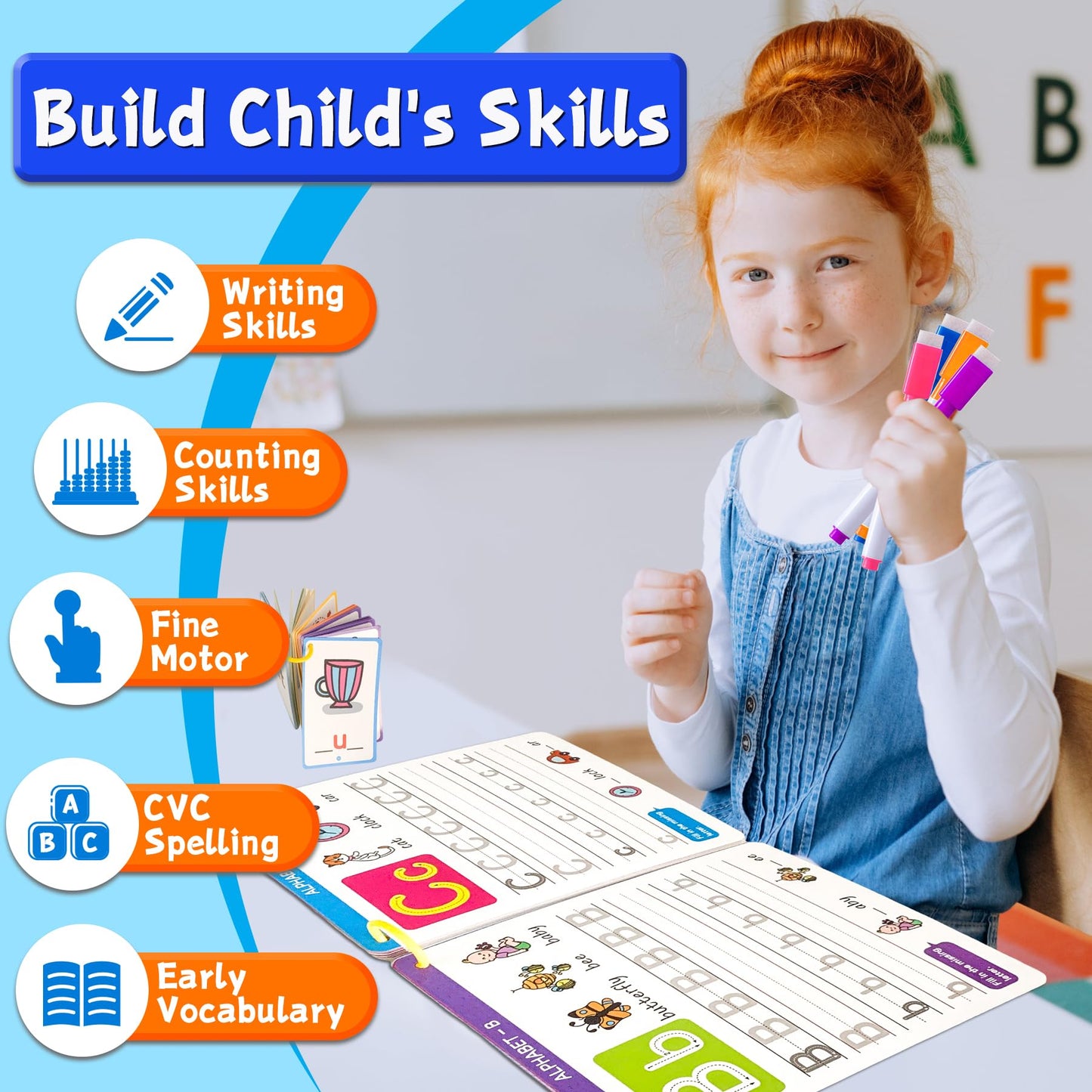 Hoqeewipe Preschool Learning Activities - Reusable Handwriting Tracing Books For Kids, Prek Kindergarten Workbooks, Cvc Word Gam