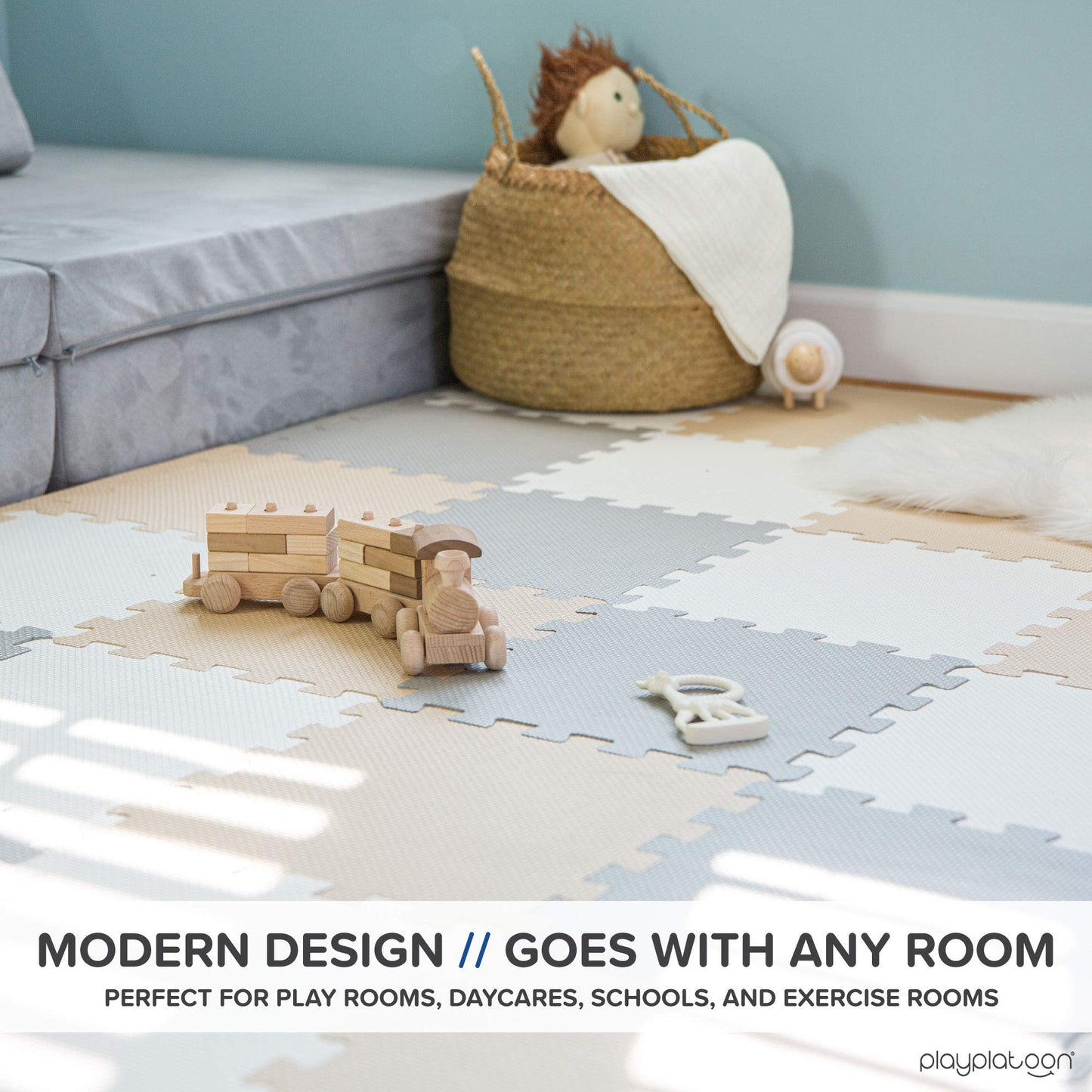 Play Platoon Non-Toxic Foam Puzzle Floor Mat, Comfortable, Extra Thick, Cushiony Exercise And Play Mat For Toddlers, Kids & Adults, 36 Tiles (12'X12'), Warm Grey/Cream/Sand