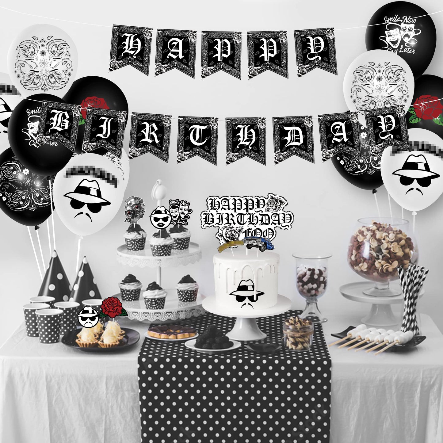 Wood Homing 51PCS Cholo Birthday Party Decorations, Black Theme Balloons, Happy Birthday Banner, Cake Topper, Paper, Latex, White