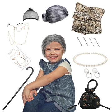 Aqx Old Lady Wig For Kids, Old Lady Wig Wrinkle Tattoos 15 Pcs Set