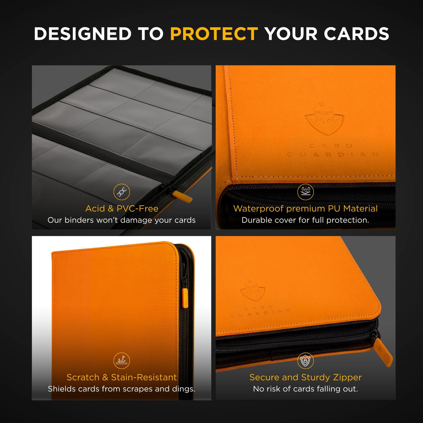 Card Guardian - 9 Pocket enhanced Binder with Zipper for 360 Cards Trading Card Games TCG (Orange) Perfect Card Binder for Yugioh Cards MTG Binder Sports Card Binder