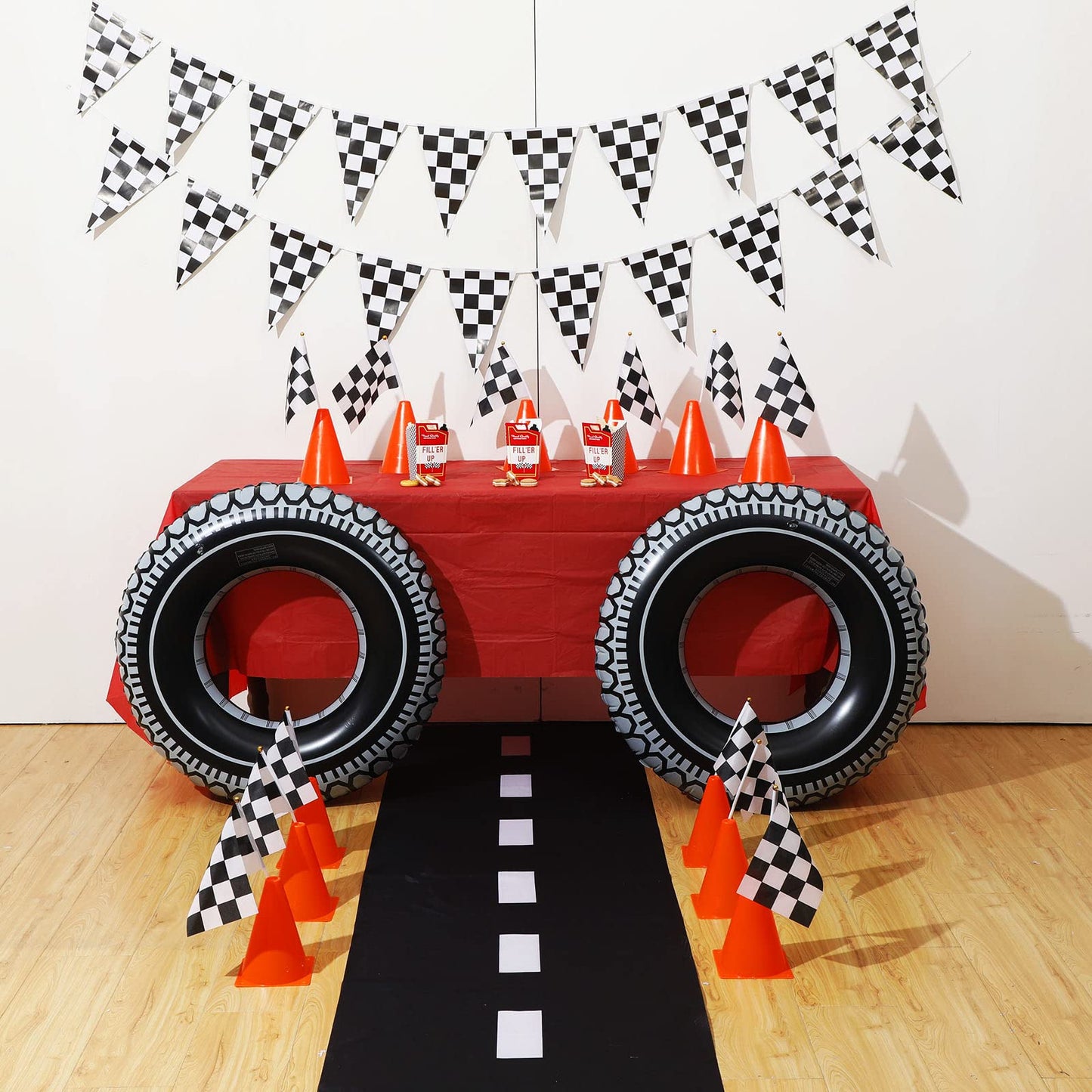 30 Pcs Checkered Racing Car Party Decorations Checked Race Flag Tablecloth Mini Traffic Cones Racing Pennant Banner Race Track Running Mat Tire Tubes Swimming For Decor (Red Tablecloth)