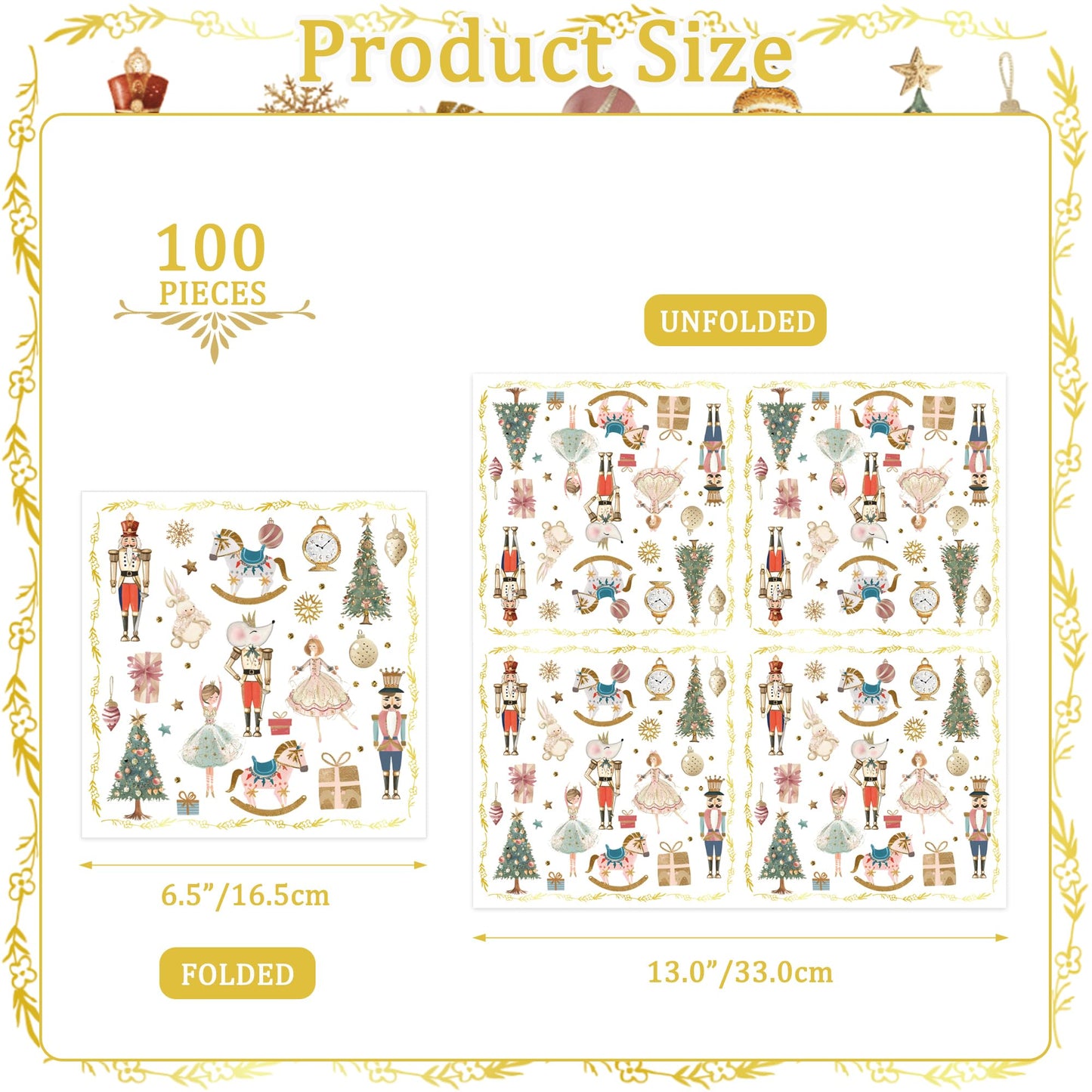 100Pcs Christmas Paper Napkins Nutcracker Disposable 2-Ply Napkins with Ballerinas, Christmas Trees, Horses Design for Bathroom,