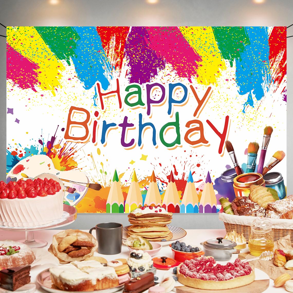 Yilzo Art Painting Backdrop - Happy Birthday Banner, 70.8 x 47.2 Inch, Graffiti Photography Background for Artist Theme Party