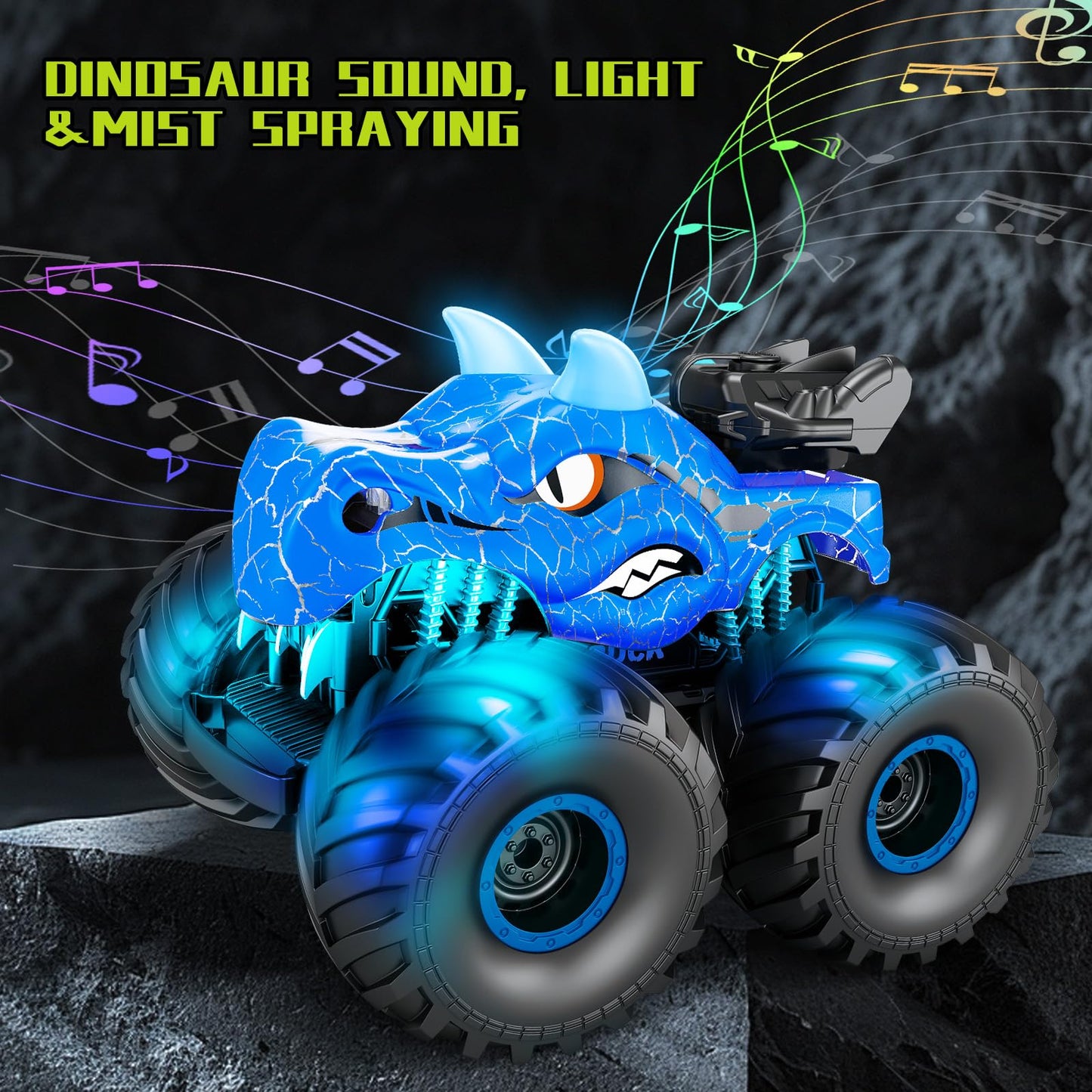 HONGID Dinosaur Remote Control Car,2.4 GHz RC 4WD Monster Trucks for Boys Girls with Light,Sound&Spray,2 Batteries,Dinosaur Toys