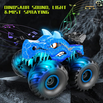 HONGID Dinosaur Remote Control Car,2.4 GHz RC 4WD Monster Trucks for Boys Girls with Light,Sound&Spray,2 Batteries,Dinosaur Toys