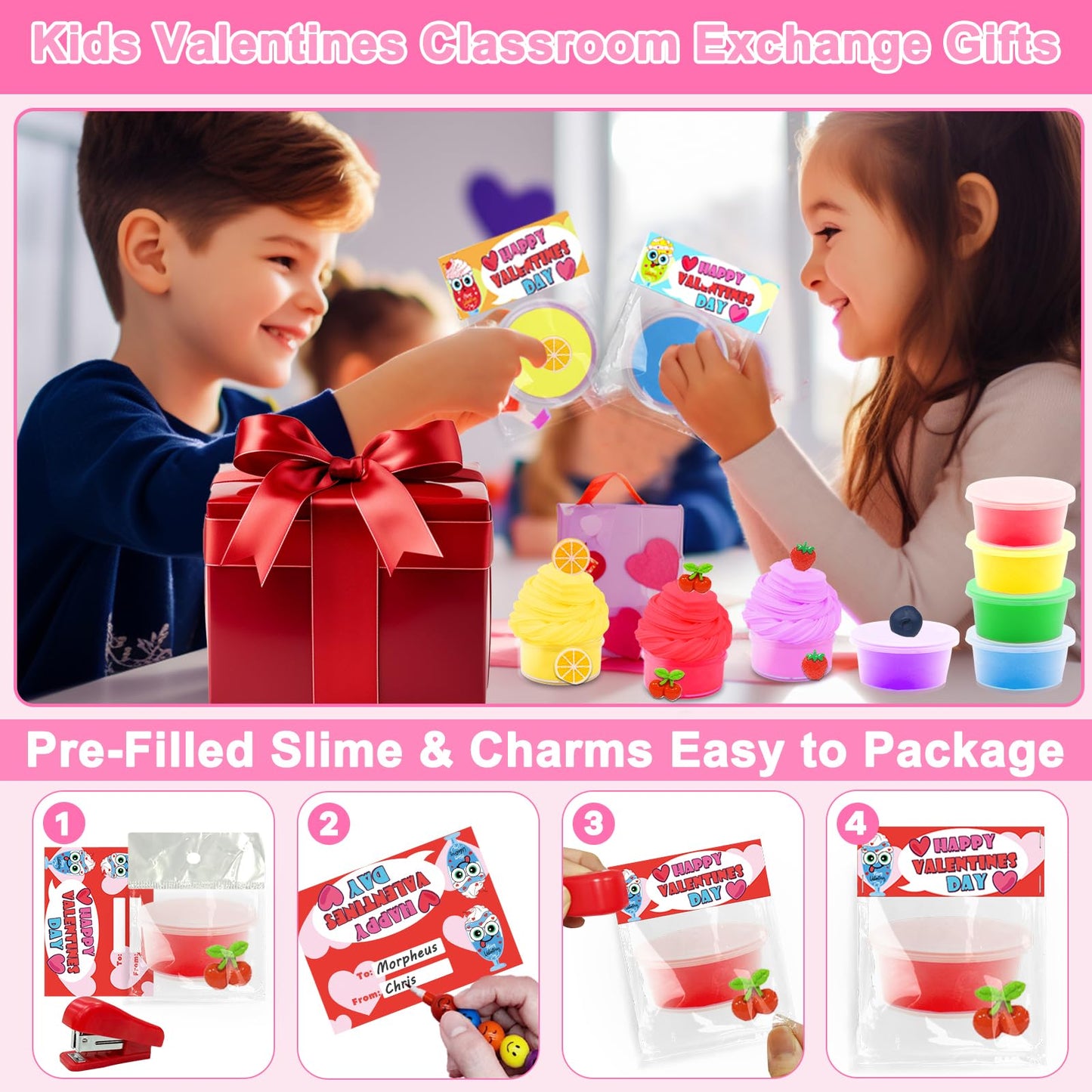 28 Pack Prefilled Valentines Butter Slime With 28 Valentines Day Gifts Cards For Kids, 7 Color & Fruit Charms Diy Valentine Slim