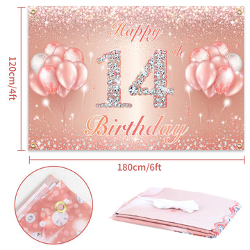 Happy 14Th Birthday Banner Backdrop - 14 Birthday Party Decorations Supplies For Girls Or Boys - Rose Gold 4 X 10Ft