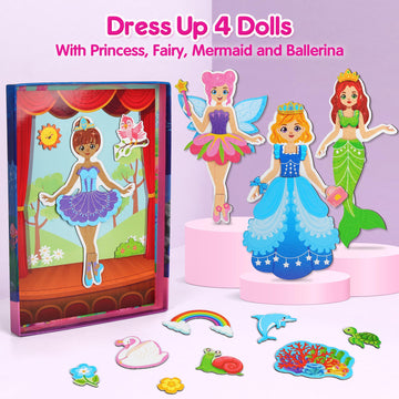Mocoosy Magnetic Dress Up Dolls For Girls, Princess Mermaid Fairy Ballerina Magnet Dolls Dress Up Kits, Travel Game Car Road Trip Airplane Activity Toys Easter Gifts For Toddler Girls Ages 3 4 5 6 7