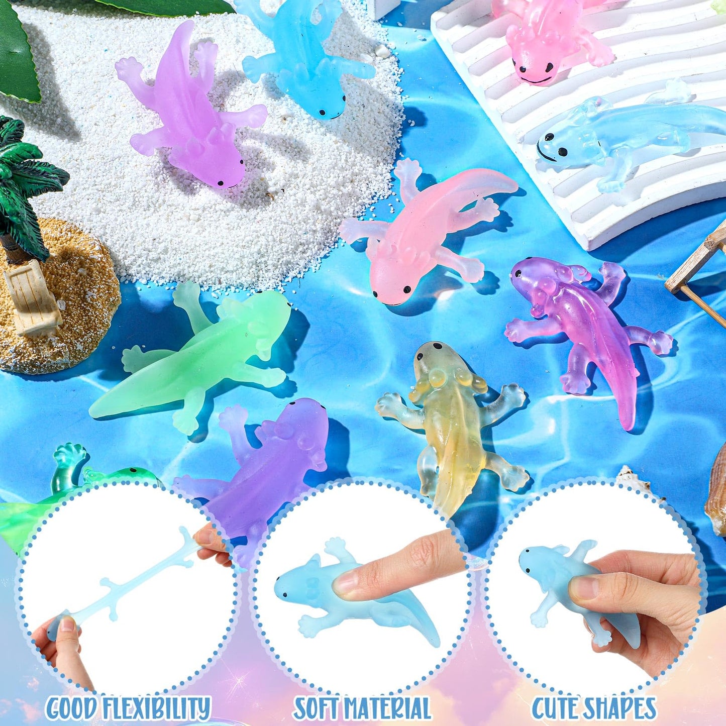 Meooeck 60 Pcs Mini Axolotl Animals Toys Bulk Cute Squeeze Axolotl Fidget Stress Relief Salamander Animal Sensory Toys for Child