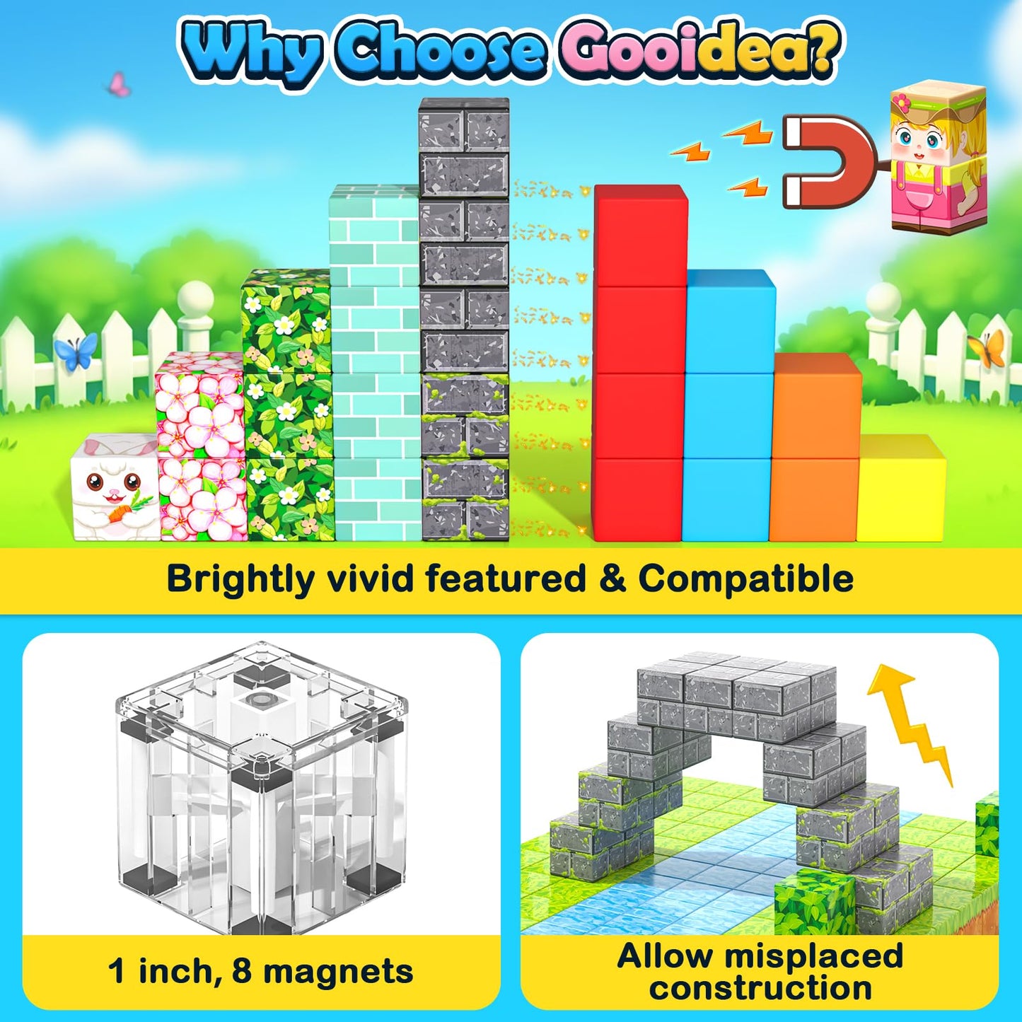 108PCS Magnetic Blocks Kids Magnet Toys, Large 1 inch Building Cubes with Puzzle Panel, Mine Magworld Easter Bunny Garden Buildi