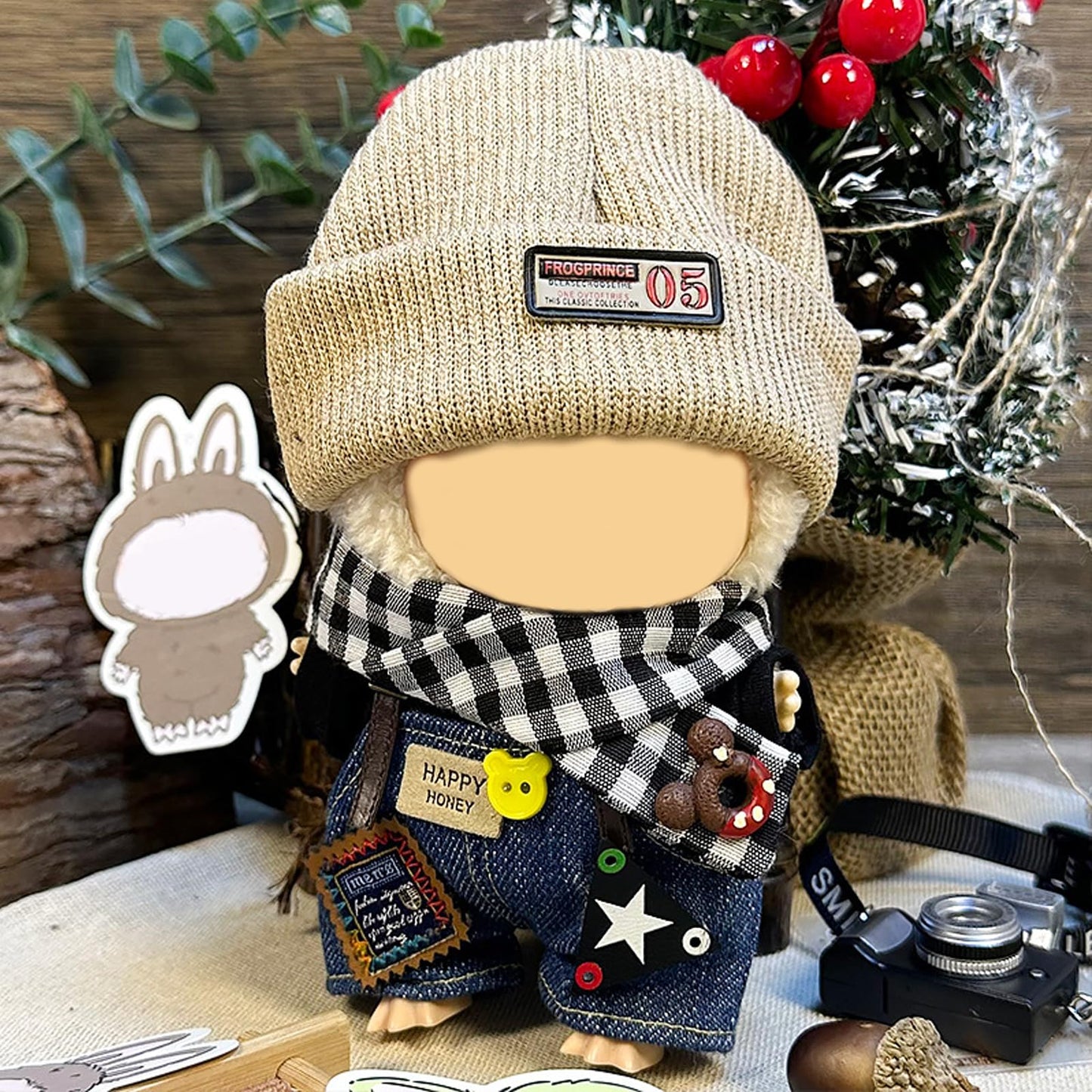 QIUTIMIY Clothes for Doll 17cm Doll Clothes 4-Piece-Set Doll Clothes enhanced Doll Outfit with Accessories-Knitted Hat+Overalls+Black Sweater+Scarf(NO Doll Included)