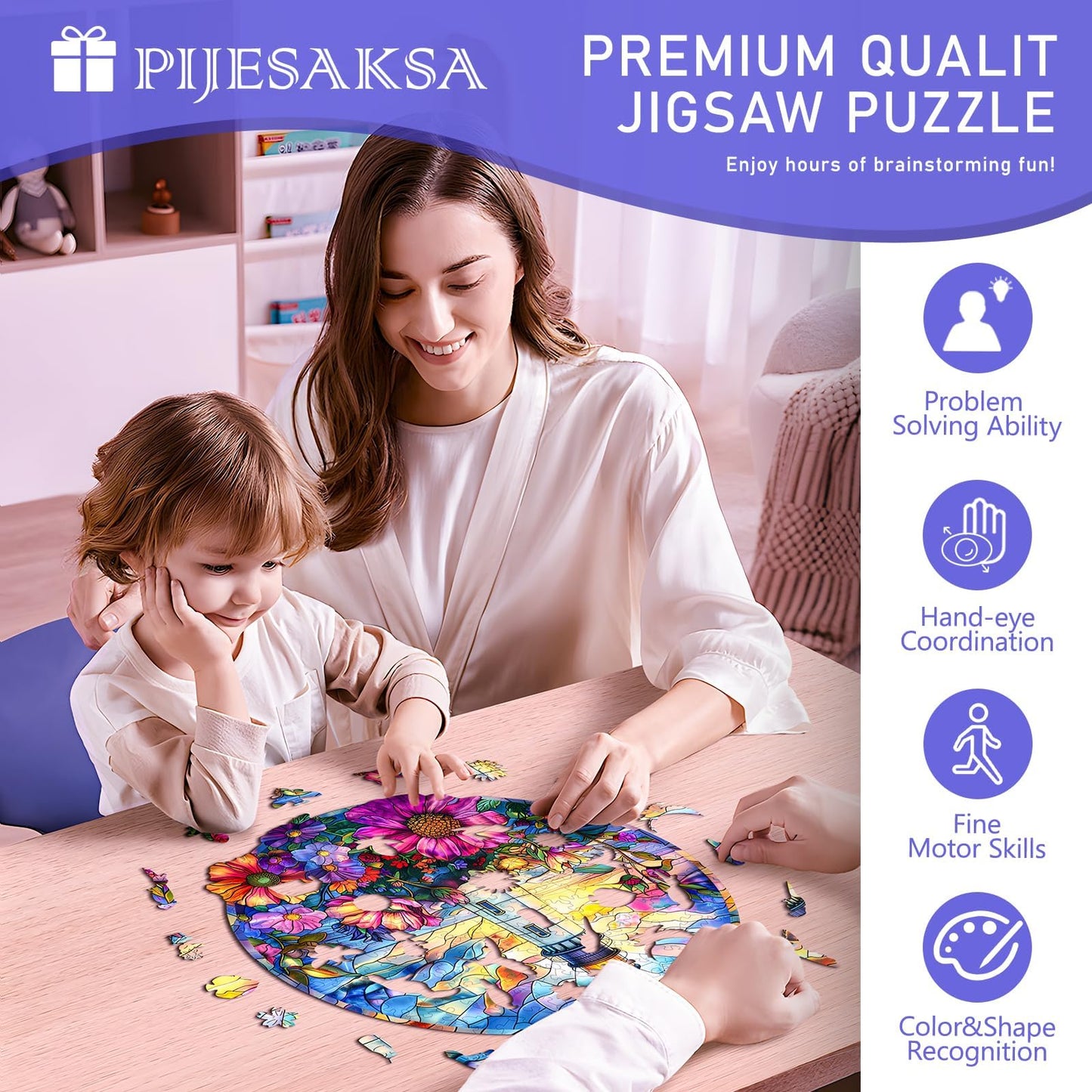 Wooden Puzzles for mature-themeds  Stained Glass Lighthouse Puzzle  Unique Shaped Wooden Jigsaw Puzzle  Wood Puzzles mature-themed Flower Seaside  Perfect for Birthday Gift  Wall Art Room Decor (S-8.5*8.3in-100 pcs)