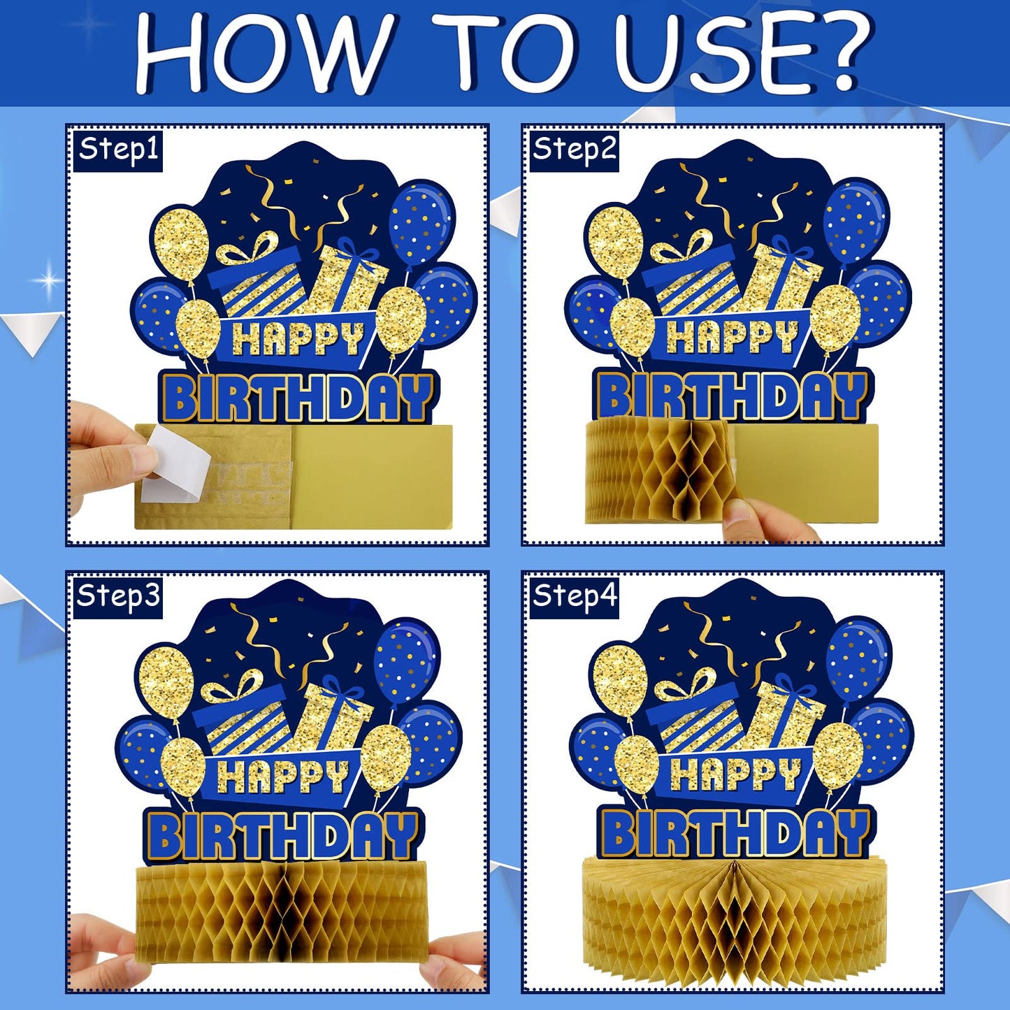 9 Pieces Blue Gold Birthday Table Decorations Happy Birthday Honeycomb Centerpieces Glitter Table Toppers, Blue and Gold Party D