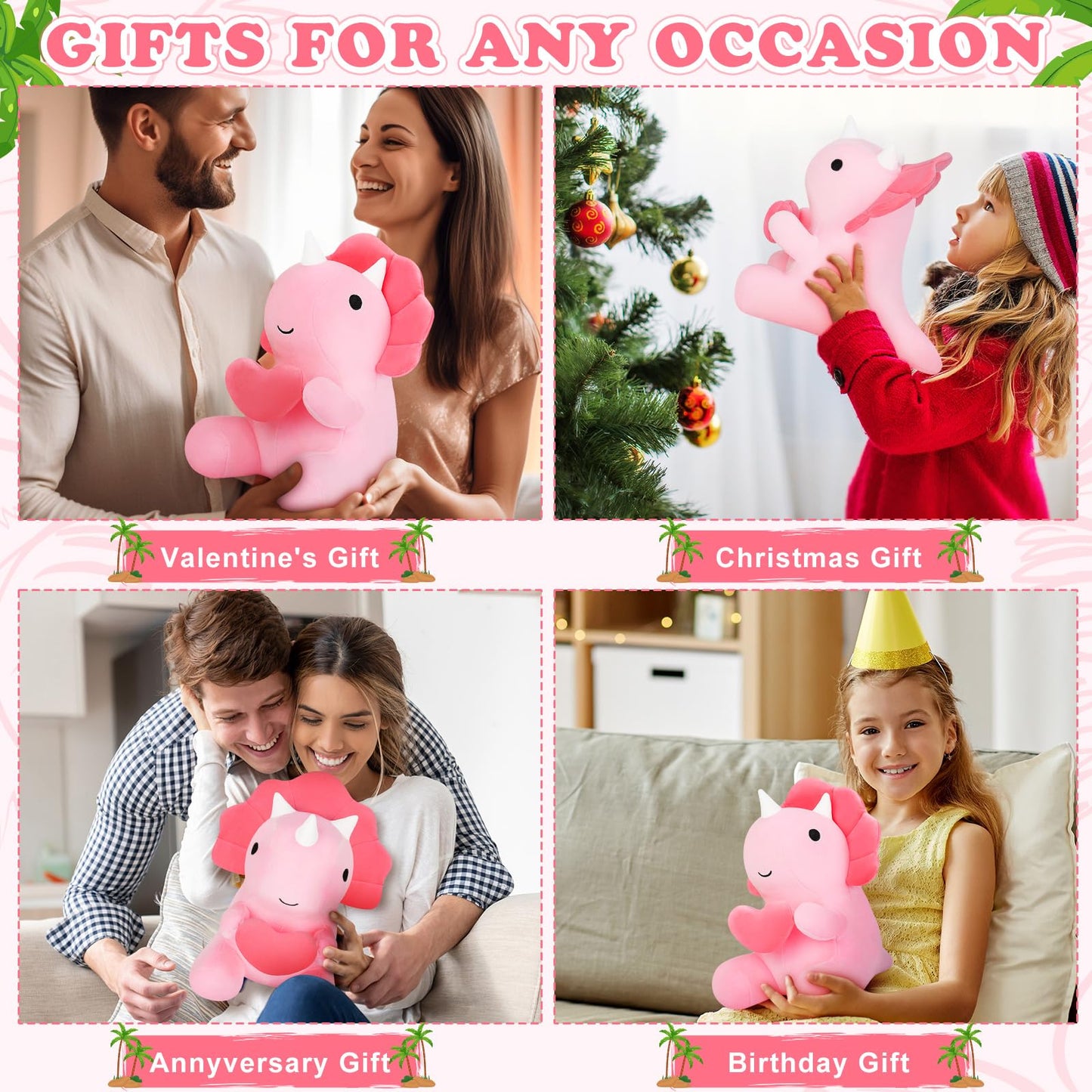 Pink Loving Dinosaur Stuffed Animal, 11.8'' Kawaii Soft Dino Plush Hug Heart , Dinosaur Plushie Birthday Gift For Her Girls Boys