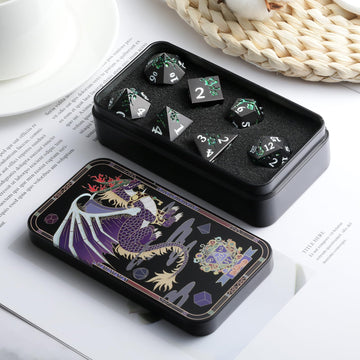 Glitter Green DND Metal Dice, DNDND 7 PCS Flower Metallic DND Dice Set with Grogeous Gift Case for Dungeons and Dragon Tabletop