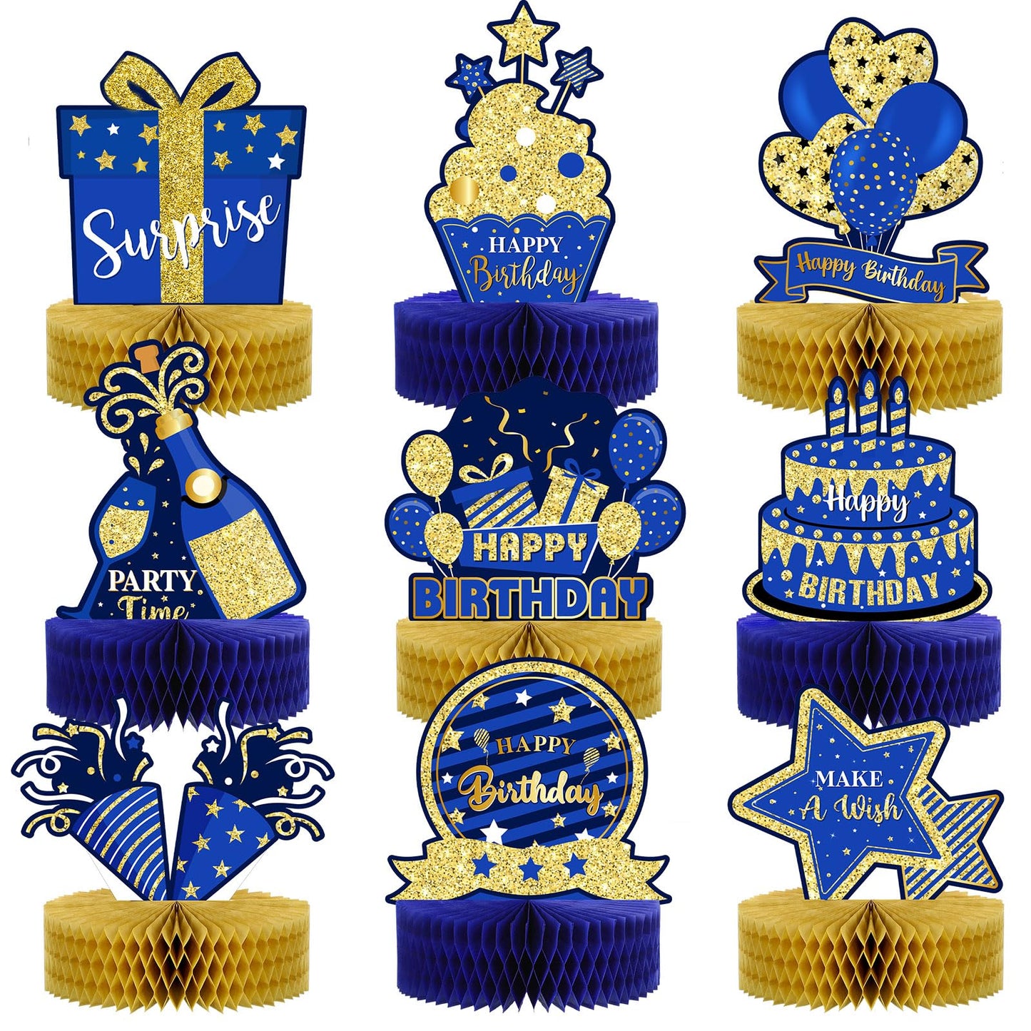 9 Pieces Blue Gold Birthday Table Decorations Happy Birthday Honeycomb Centerpieces Glitter Table Toppers, Blue and Gold Party D