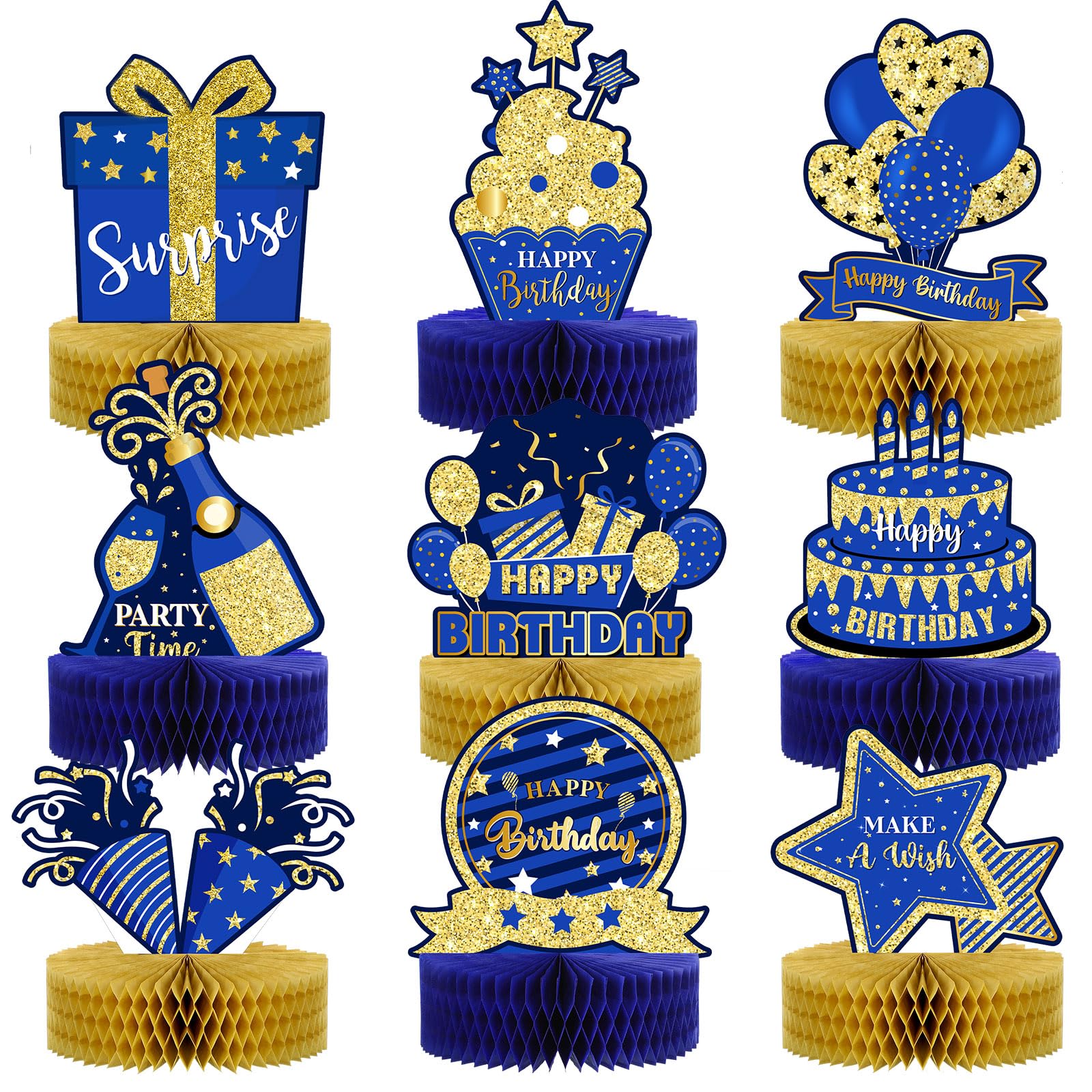 9 Pieces Blue Gold Birthday Table Decorations Happy Birthday Honeycomb Centerpieces Glitter Table Toppers, Blue and Gold Party D