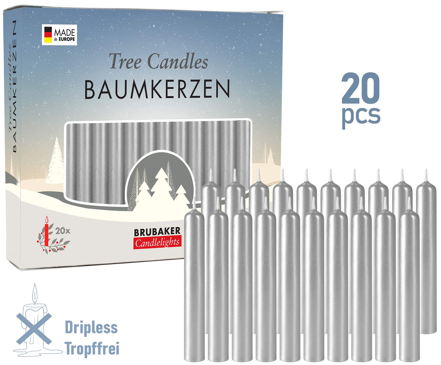 BRUBAKER Tree Candles - Pack of 20 - Silver - 3.75 x 0.5 Inches (9.5 x 1.27cm) - Pyramids & Chimes - Made in Europe