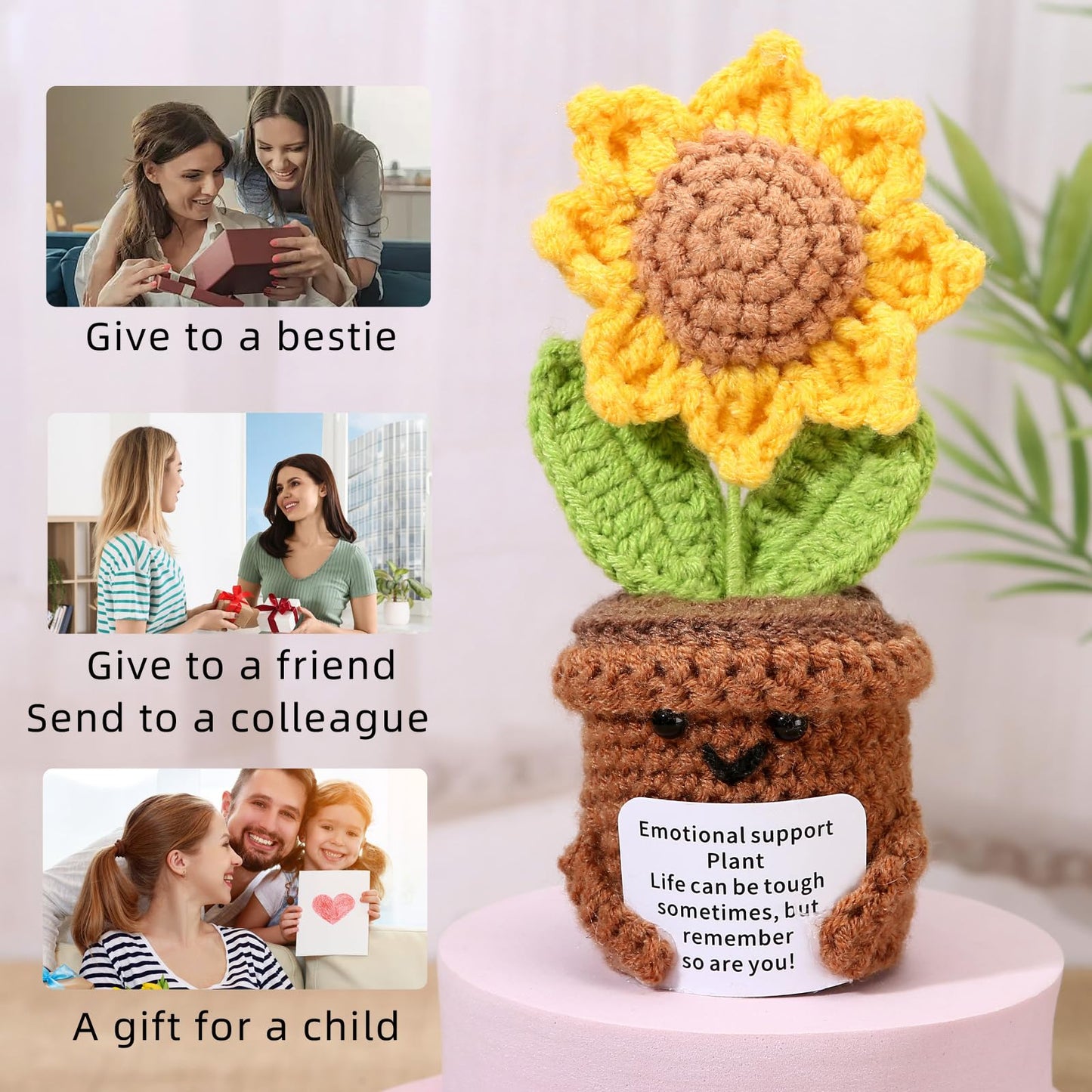 Rovyfota Crochet Sunflower Emotional Support Plant - Cute Positive Gift With Encouragement Card, Mini Potted Flower Plush For De