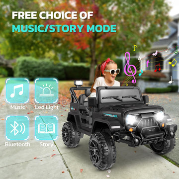 Hikole Battery Powered Cars For Kids, 12V Ride On Jeeps Car With Remote Control, 3 Speeds, Bluetooth, Led Lights, Safety Belts, Spring Suspension, Kids Electric Vehicles For Boys, Black