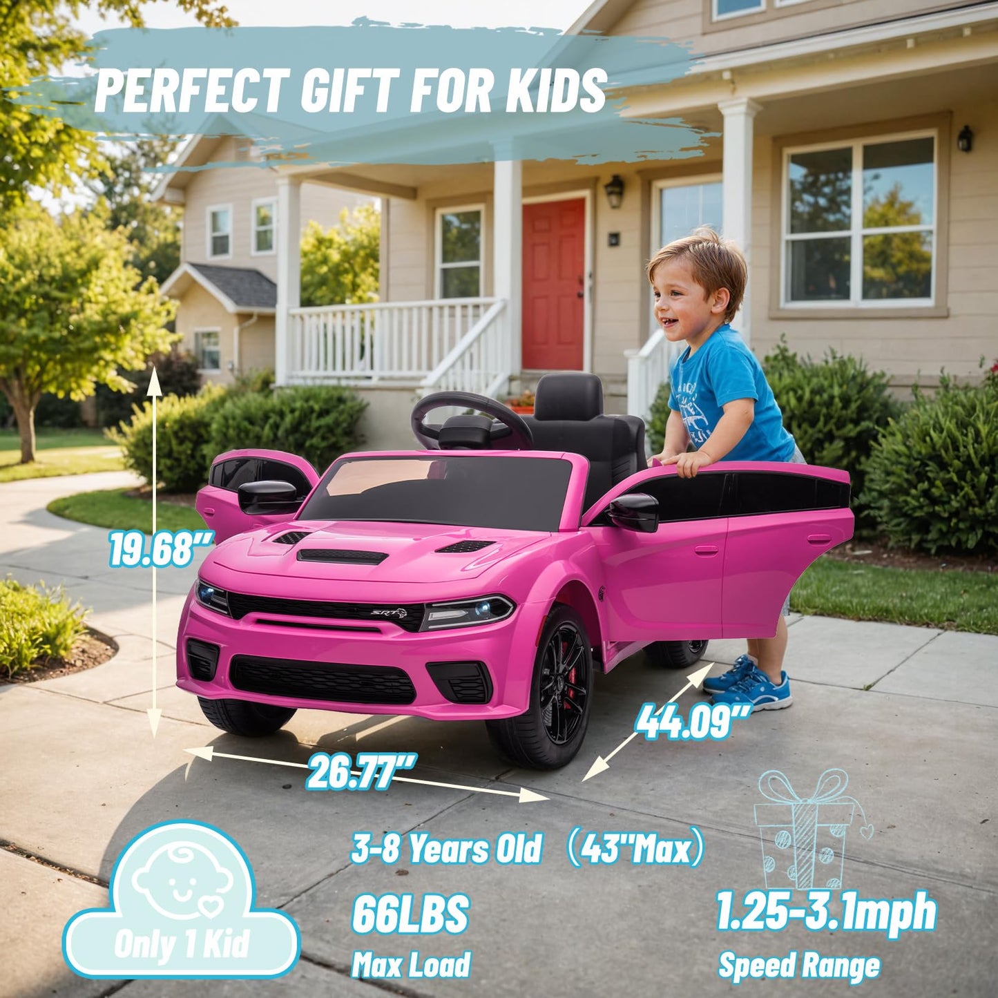 Electric Car For Kids,Licensed Dodge Charger Srt Hellcat Ride On Car,3.1Mph Max Speed,12V 7A Kids Electric Vehicle With Remote C