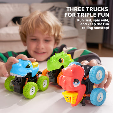 lalalark Monster Truck Toys for 3 4 5 Year Old Boys - 3 Pack Dinosaur Toys with Friction Power 360 Rotating Push and Go Cars - B