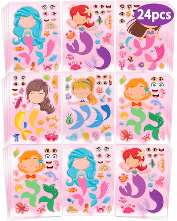 24 Pcs Make Your Own Mermaid Sticker Sheets For Kids With Mermaid Face Stickers For Kids Crafts Activities Gift Bag Stuffers Bir