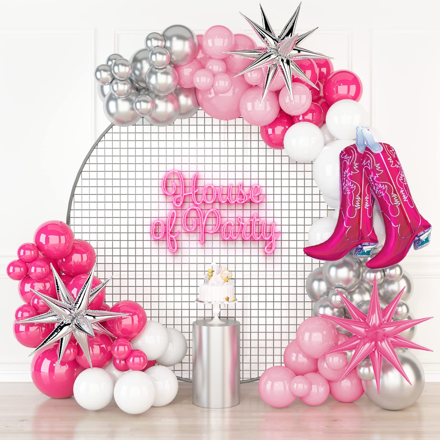 House Of Party Cowgirl Balloon Garland Kit | Hot Pink Pearl Pink Silver White Balloons With Spiky Star 18/12/10/5 Inch | Foil Ba